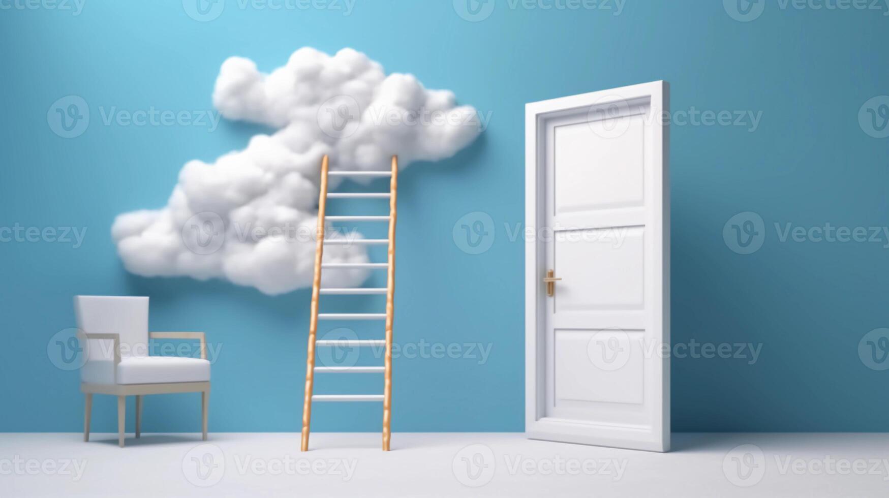 3d abstract blue background with door, ladder and white clouds flying out. Dream metaphor, modern minimal concept, photo