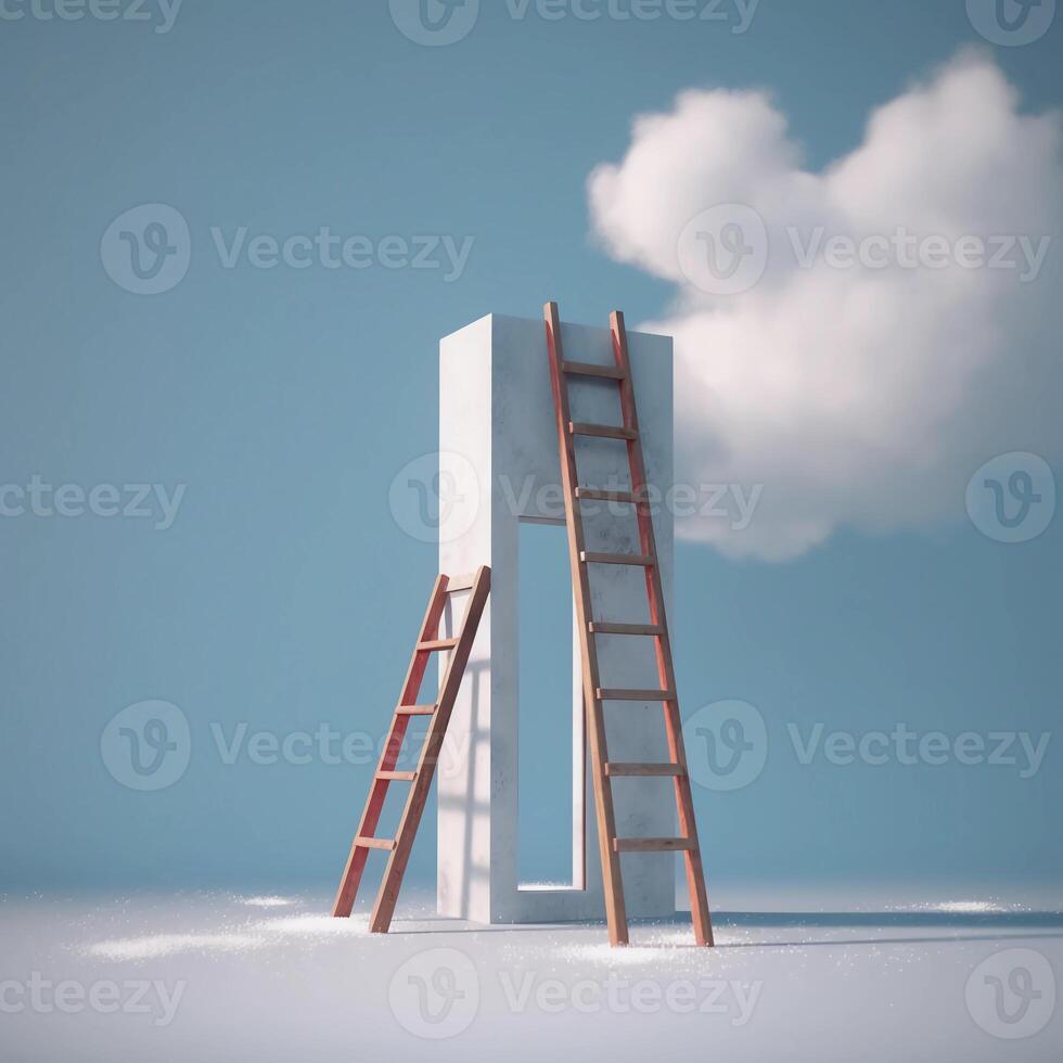 3d abstract blue background with door, ladder and white clouds flying out. Dream metaphor, modern minimal concept, Generative AI photo