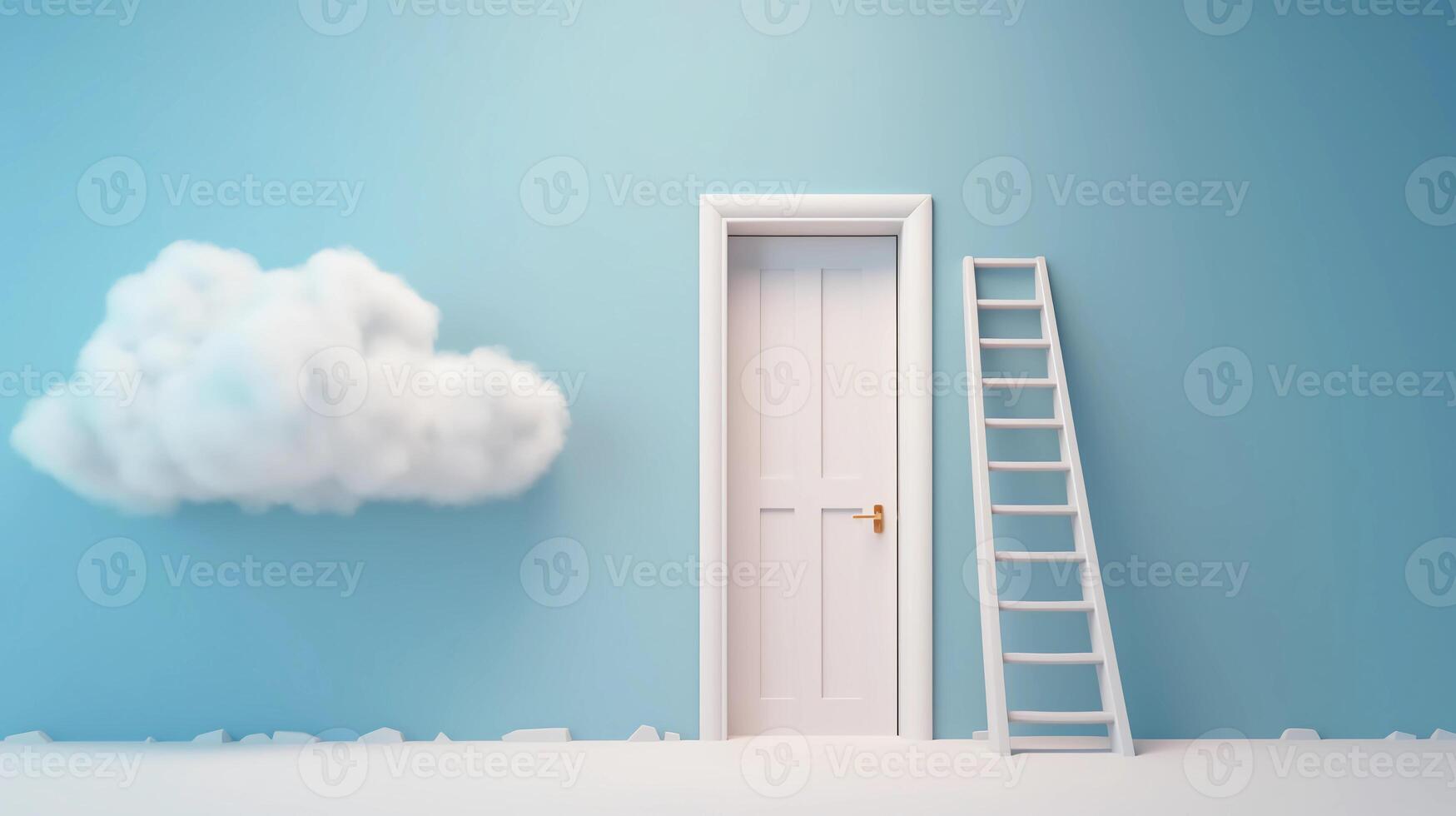 3d abstract blue background with door, ladder and white clouds flying out. Dream metaphor, modern minimal concept, photo