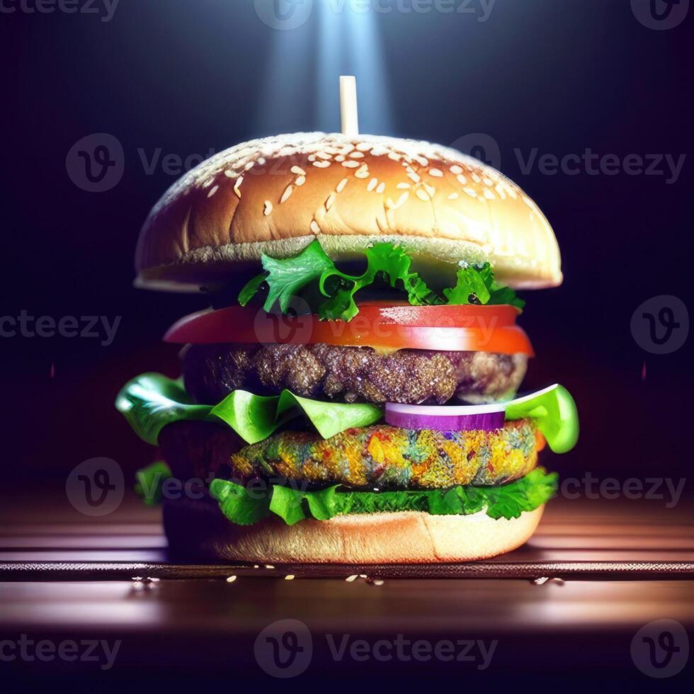 Fresh tasty burger on dark background. photo