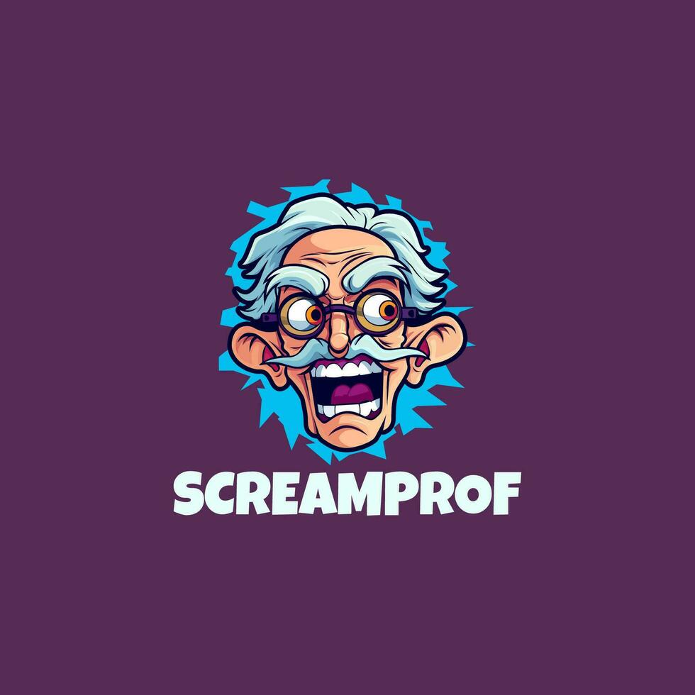 funny professor wearing glasses screaming with messy hair logo design template vector icon illustration