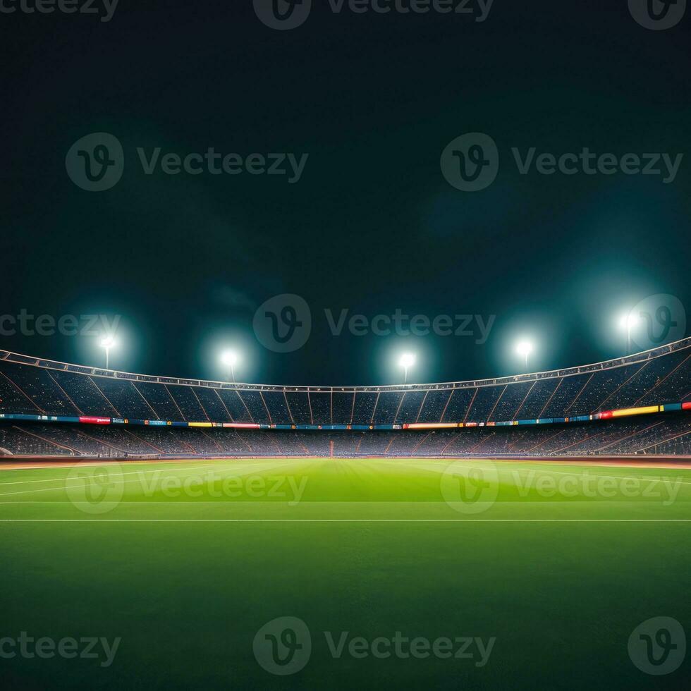 Soccer stadium with green field. Generative AI photo