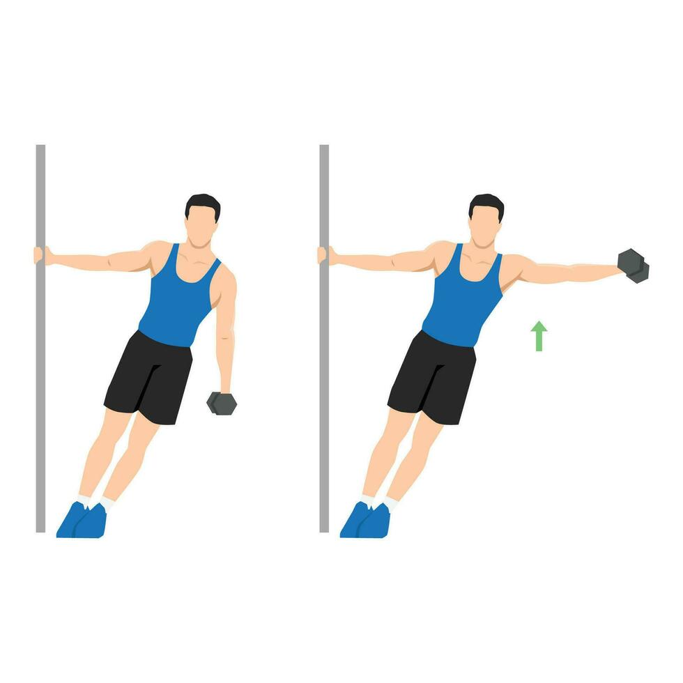 Man doing leaning one arm or single handed dumbbell lateral raise exercise. vector