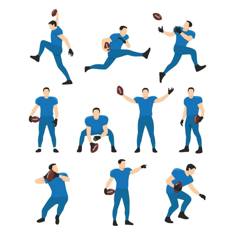 Collection of American Football Players, Male Athlete Characters in Blue Sports Uniform and Protective Helmets. vector