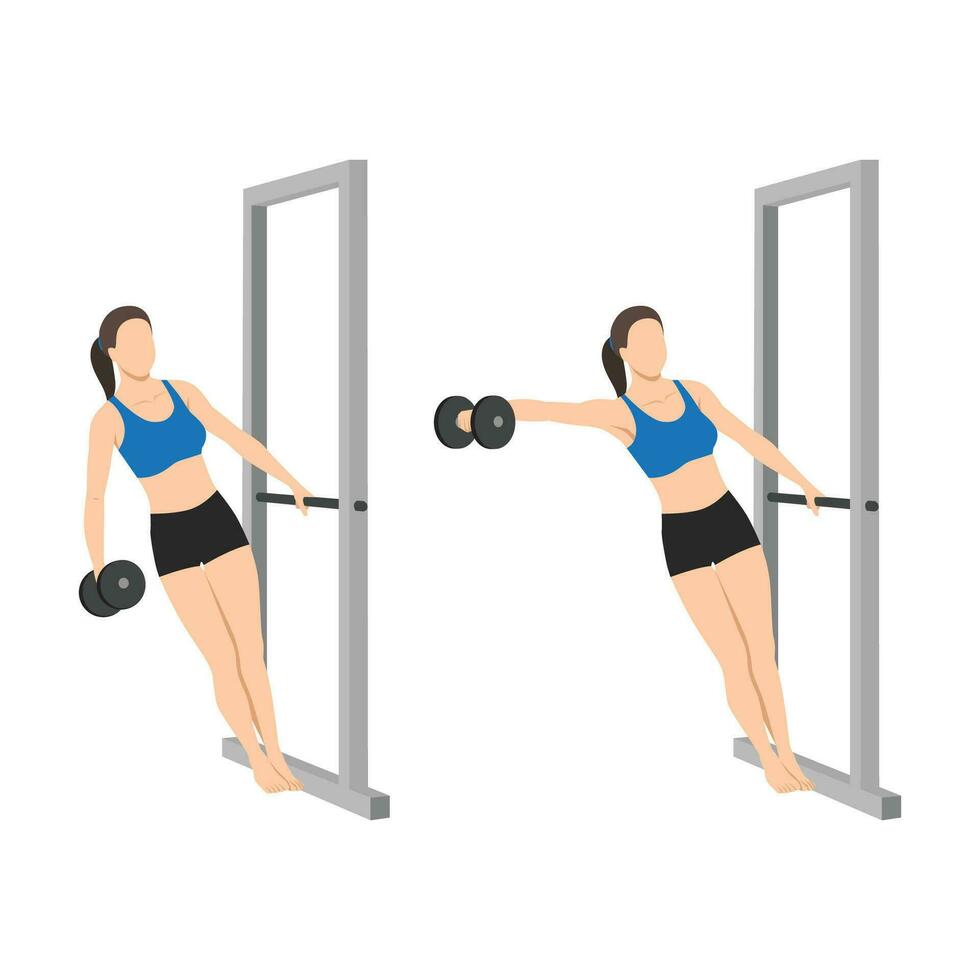 mujer haciendo propensión uno brazo o soltero entregó pesa lateral aumento ejercicio. vector
