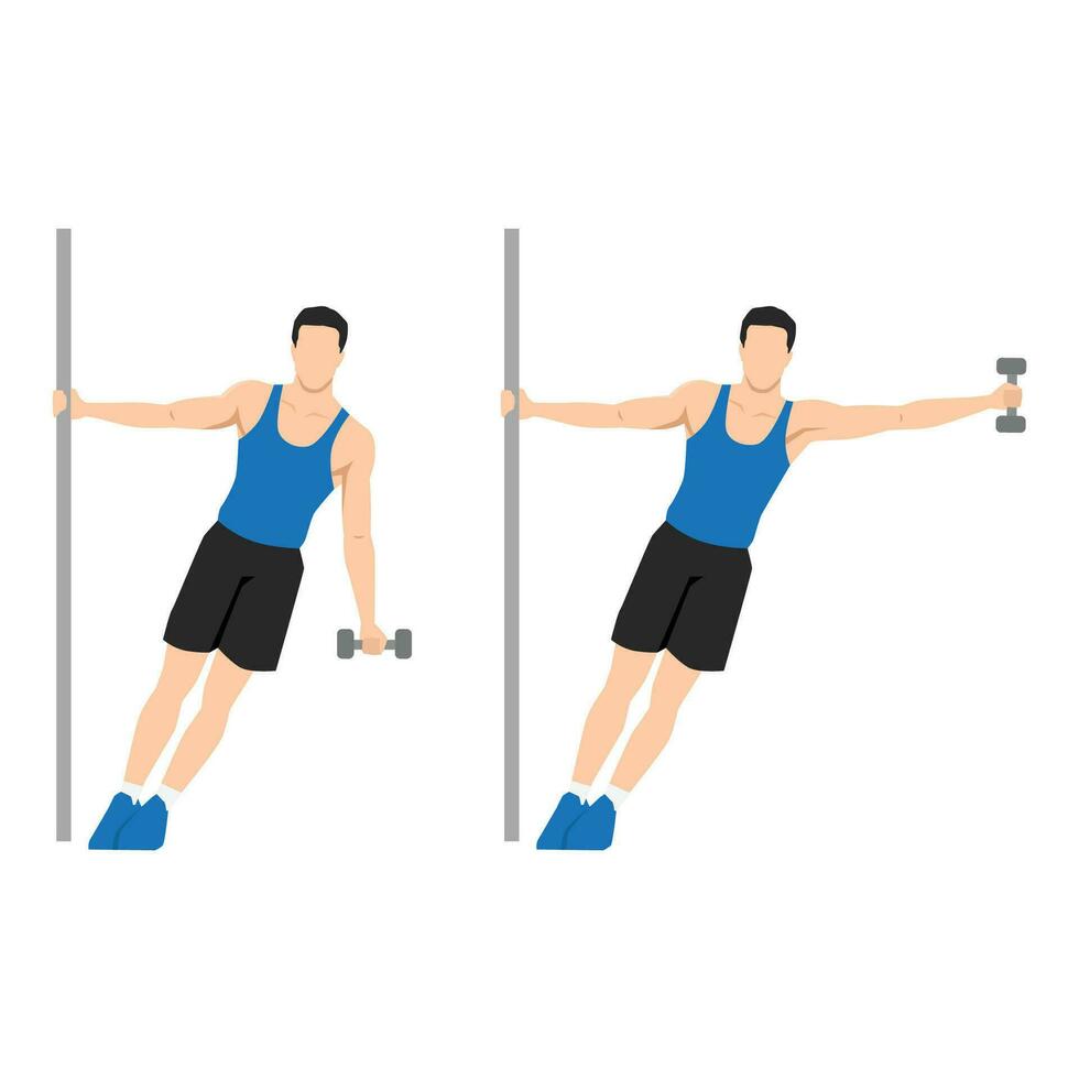 Man doing leaning one arm or single handed dumbbell lateral hammer raise exercise. vector