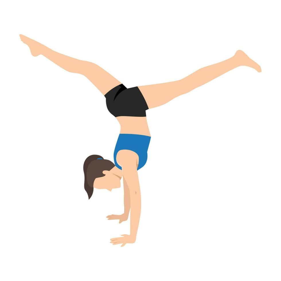 mujer haciendo yoga en parada de manos división actitud ejercicio. vector