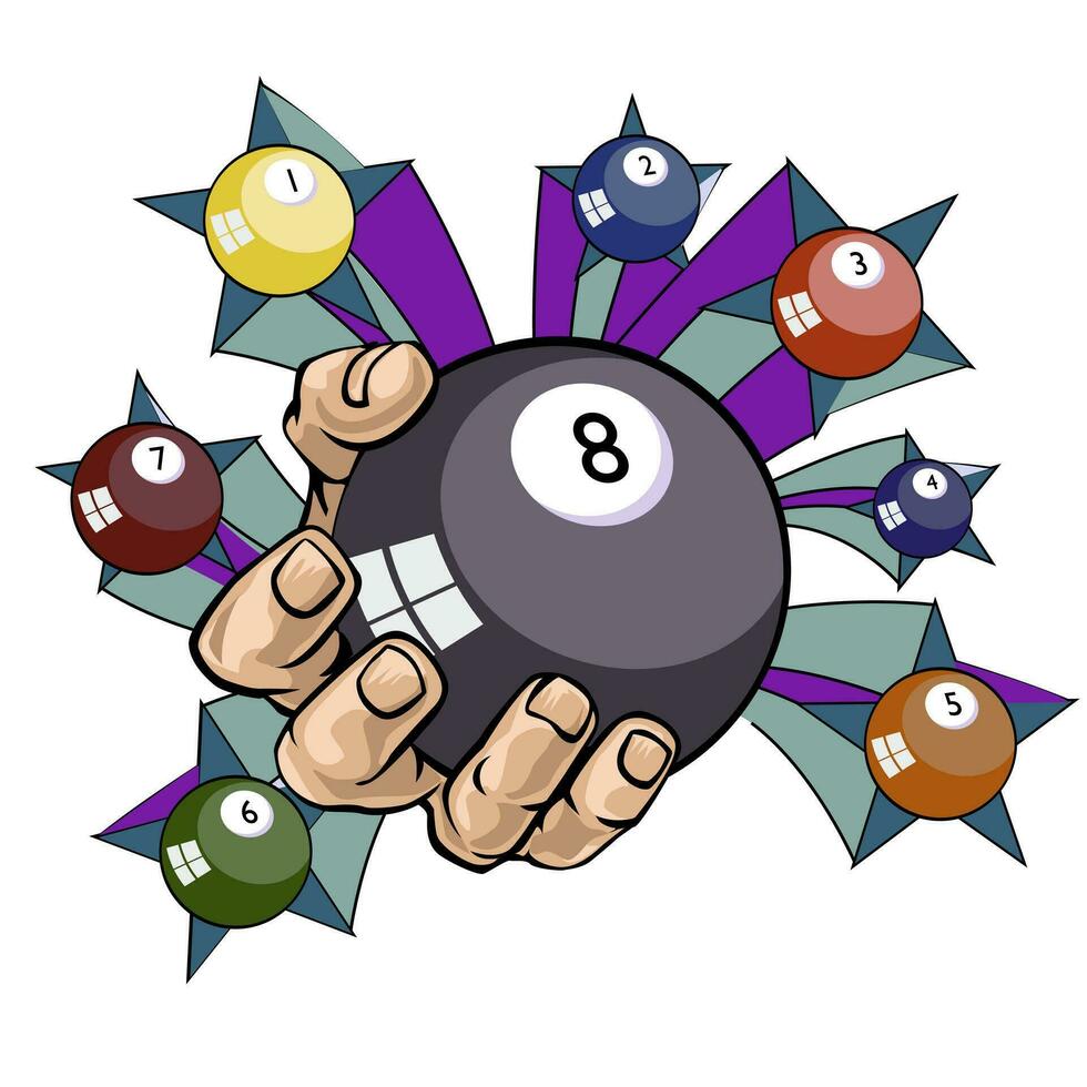 T-shirt design of one hand grabbing billiard balls. Vector illustration of the black ball number 8
