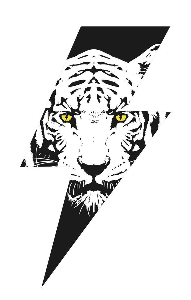 Design for t-shirt of the symbol of thunderbolt with the head of a tiger. Vector illustration of wildlife and fashion.