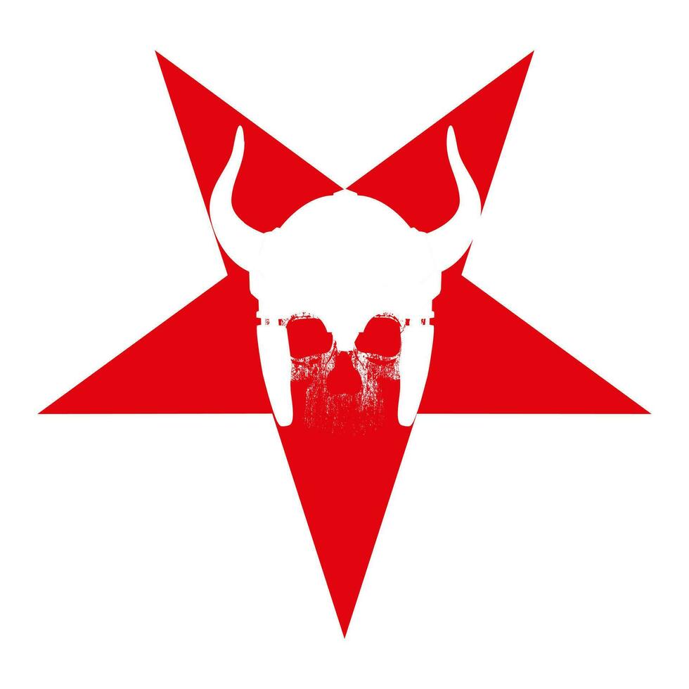 T-shirt design of a red five-pointed star with a Viking skull. Vector illustration of an ancient warrior.