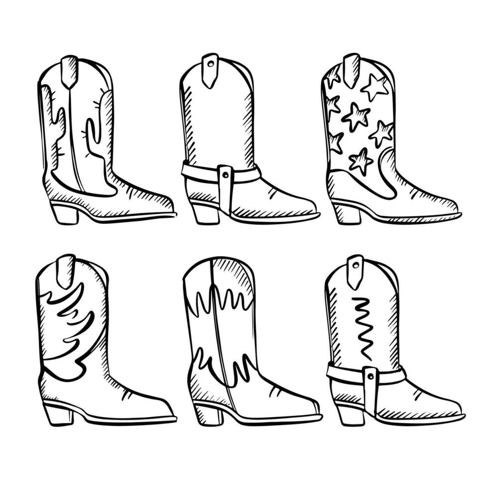 vaquero botas monocromo salvaje occidental atributos vector conjunto