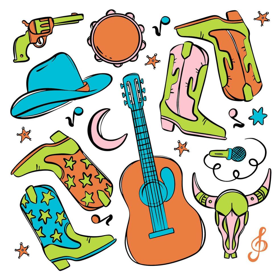 COWBOY FEST SYMBOLS Western Music Vector Illustration Set