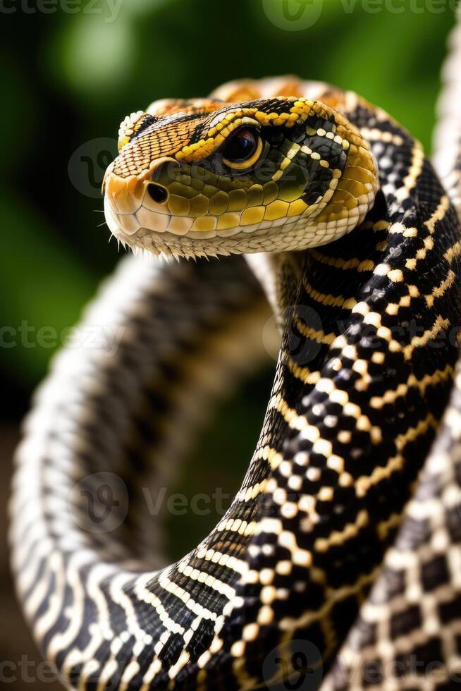 Close-up front view portrait of roaring Snake. photo