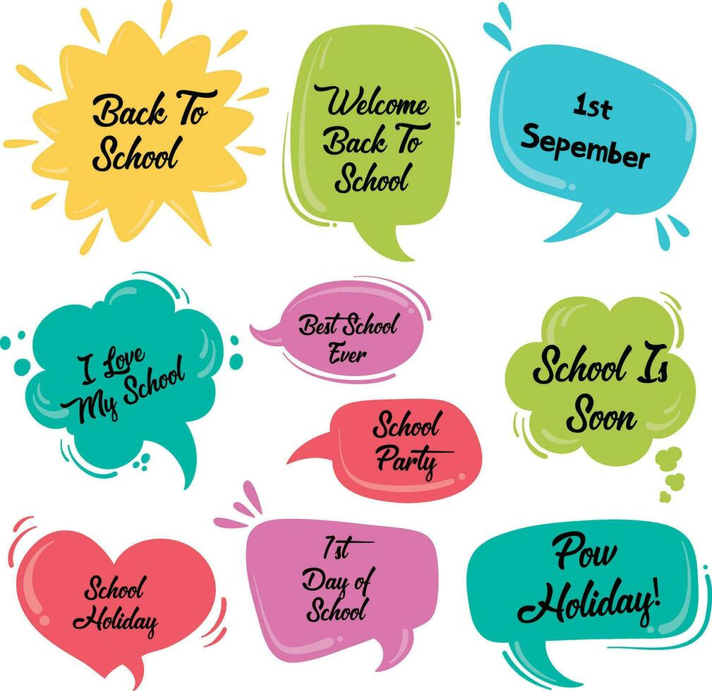 Back to School in comic speech bubbles, pop art style. Education concept. Comic dialog cloud, space cartoon. Set Memphis school comic bubble halftone dot. Creative idea conversation explosion balloon. vector