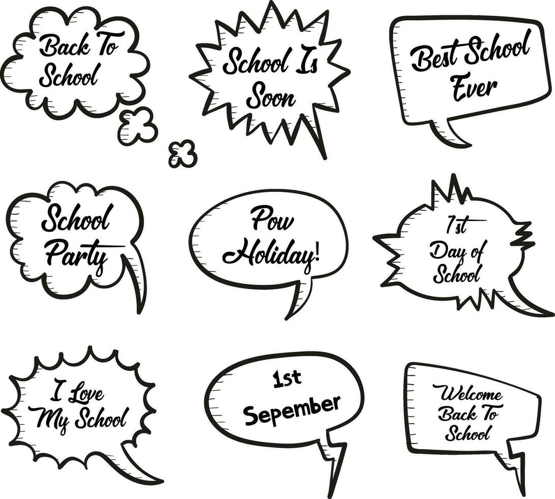 Back to School in comic speech bubbles, pop art style. Education concept. Comic dialog cloud, space cartoon. Set Memphis school comic bubble halftone dot. Creative idea conversation explosion balloon. vector