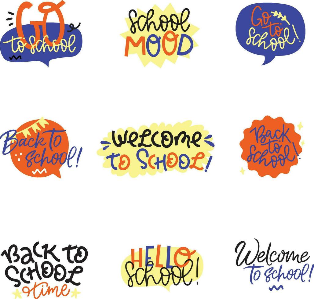 Back to School in comic speech bubbles, pop art style. Education concept. Comic dialog cloud, space cartoon. Set Memphis school comic bubble halftone dot. Creative idea conversation explosion balloon. vector