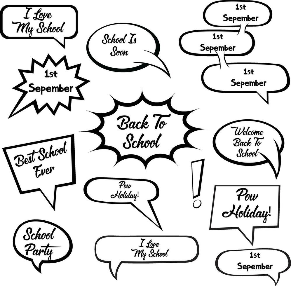 Back to School in comic speech bubbles, pop art style. Education concept. Comic dialog cloud, space cartoon. Set Memphis school comic bubble halftone dot. Creative idea conversation explosion balloon. vector