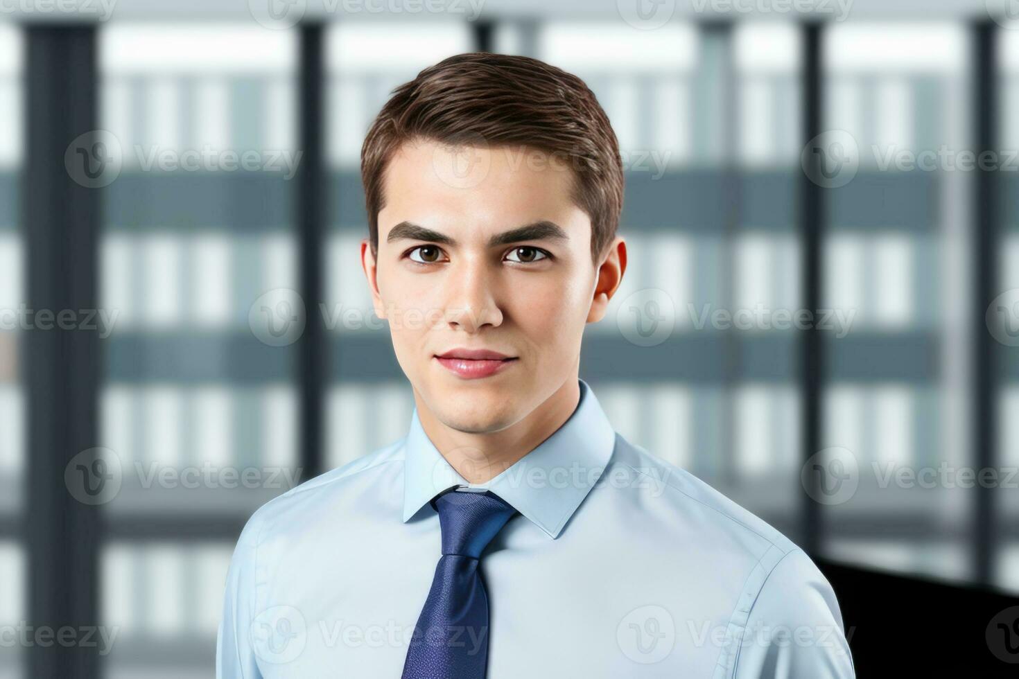 Young smart businessman, standing in blur background of office. generative AI photo