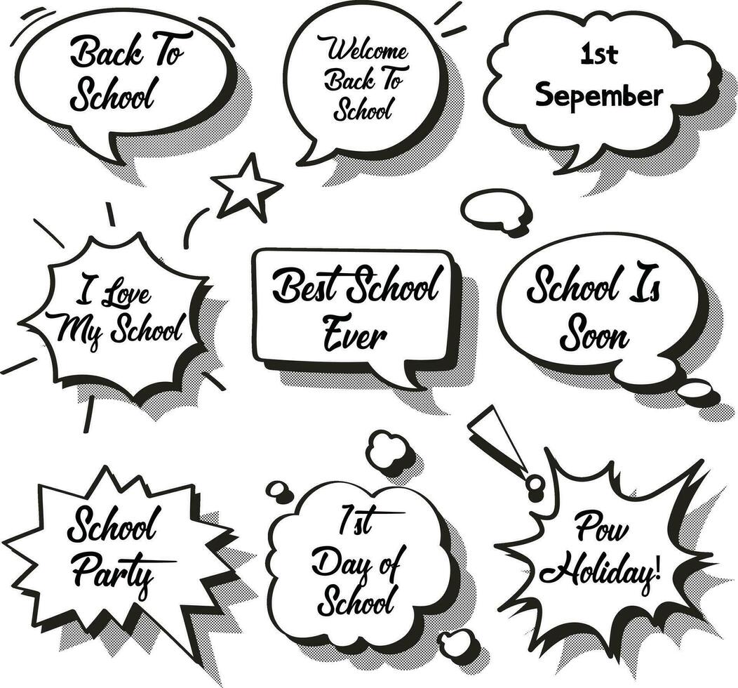 Back to School in comic speech bubbles, pop art style. Education concept. Comic dialog cloud, space cartoon. Set Memphis school comic bubble halftone dot. Creative idea conversation explosion balloon. vector