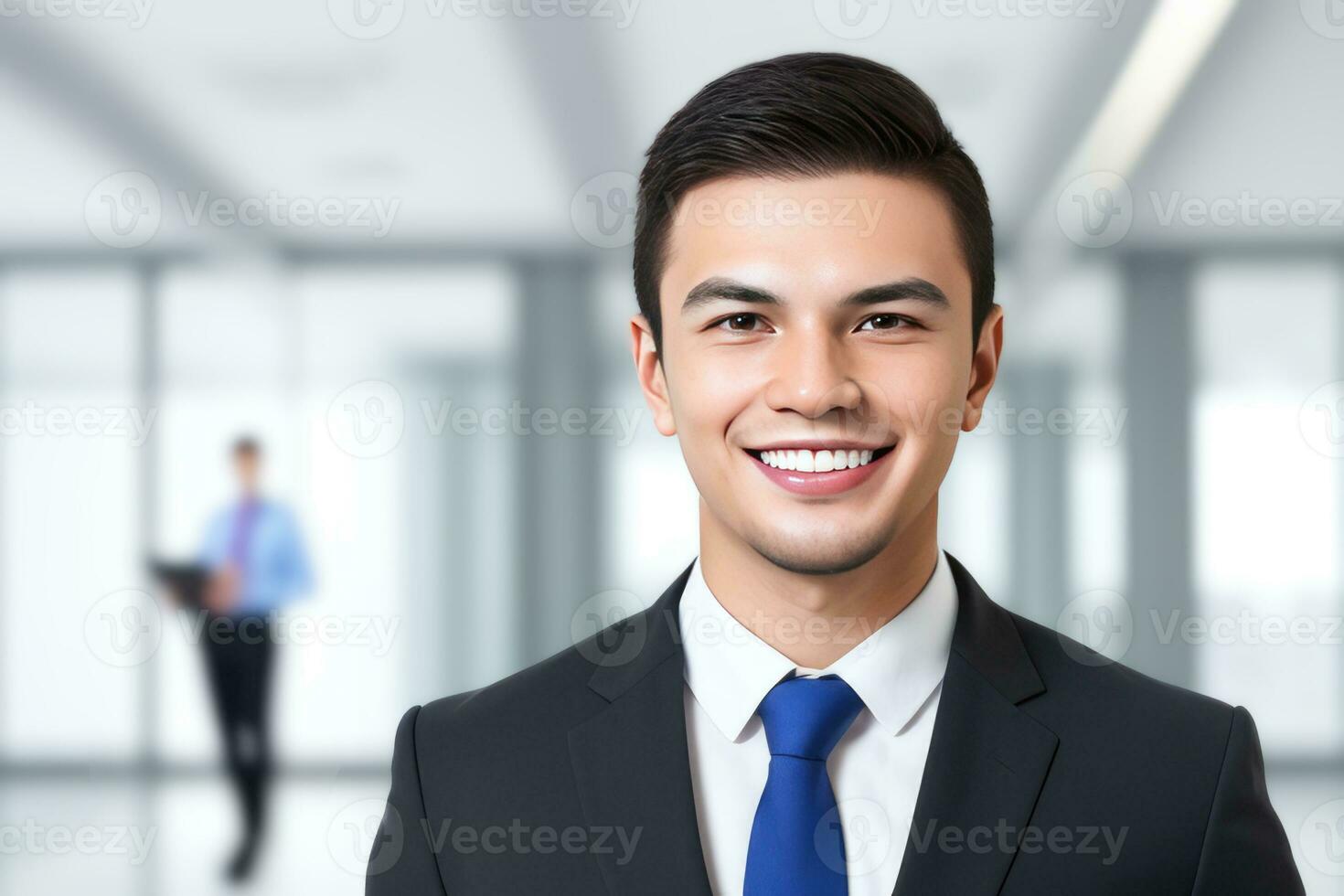 Young smart businessman, standing in blur background of office. generative AI photo