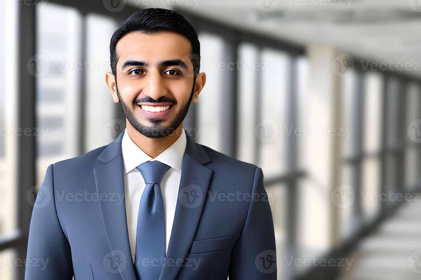 Young smart businessman, standing in blur background of office. photo
