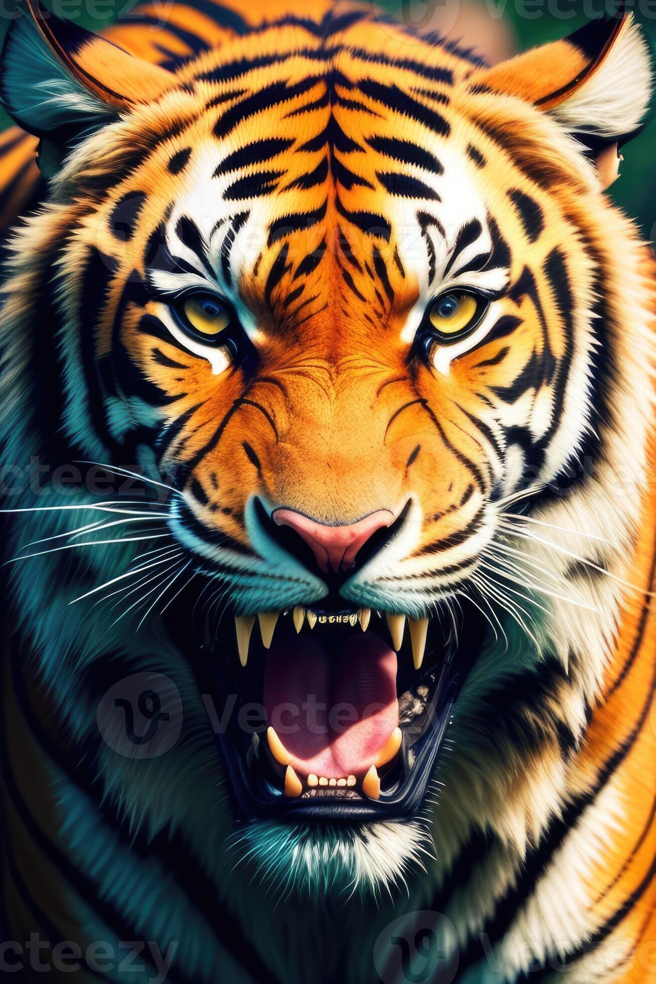 Close Up Portraits of roaring Bengal Tiger. Digital artwork Stock  Illustration, bengal tiger