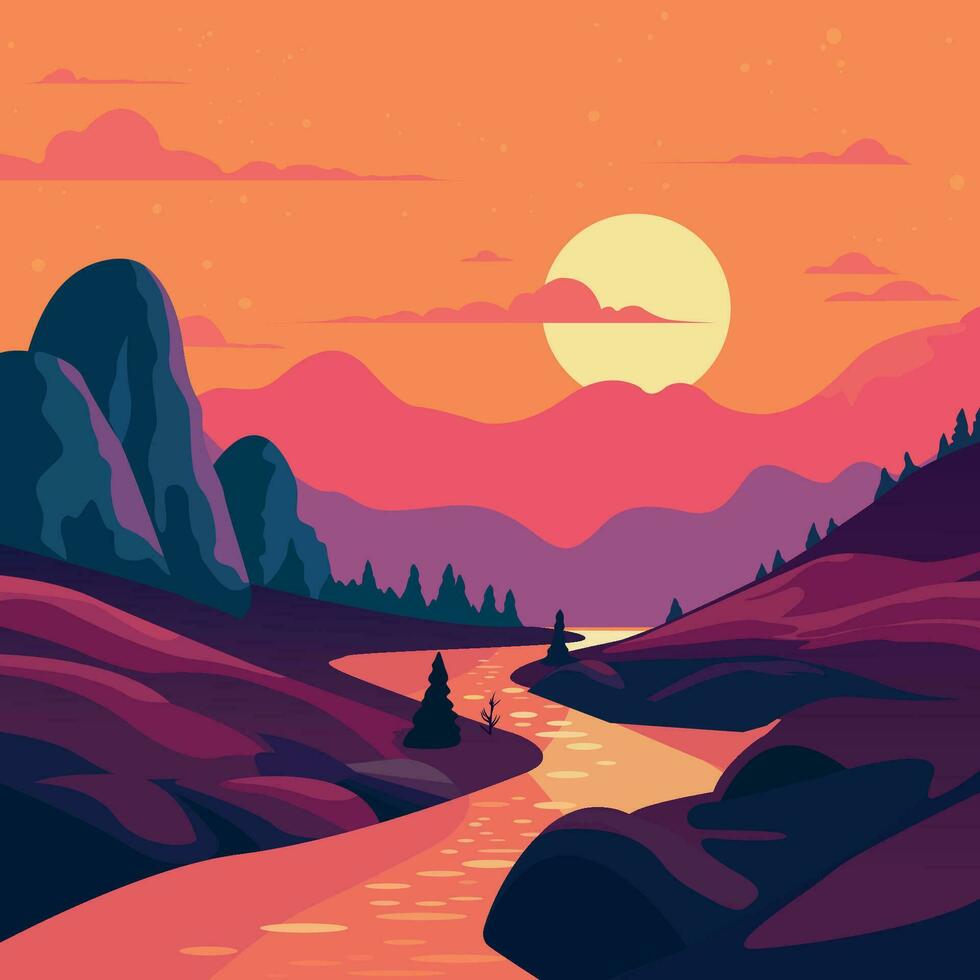 puesta de sol en el montañas paisaje ilustración vector