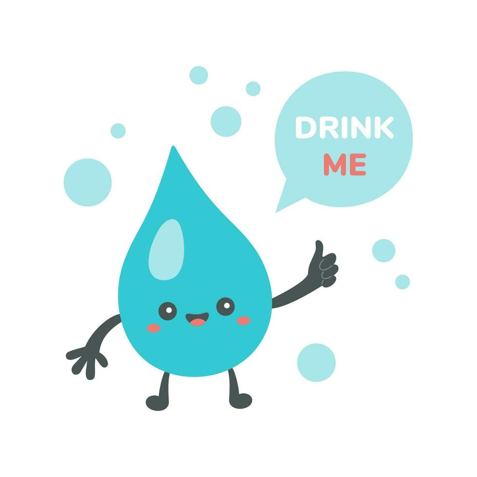 Water drop with text DRINK ME. Sustainable lifestyle, zero waste, ecological concept. Vector illustration in cartoon style. Recycling, waste management, ecology, sustainability.