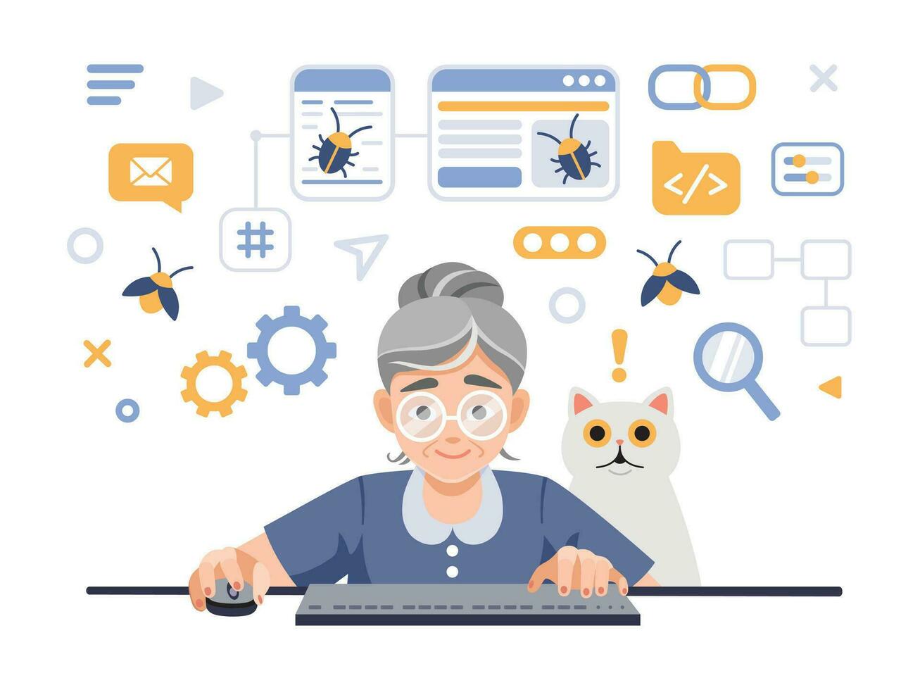 Programmer tester female character cartoon illustration. Elderly programmer tester at computer, finding program bugs. vector