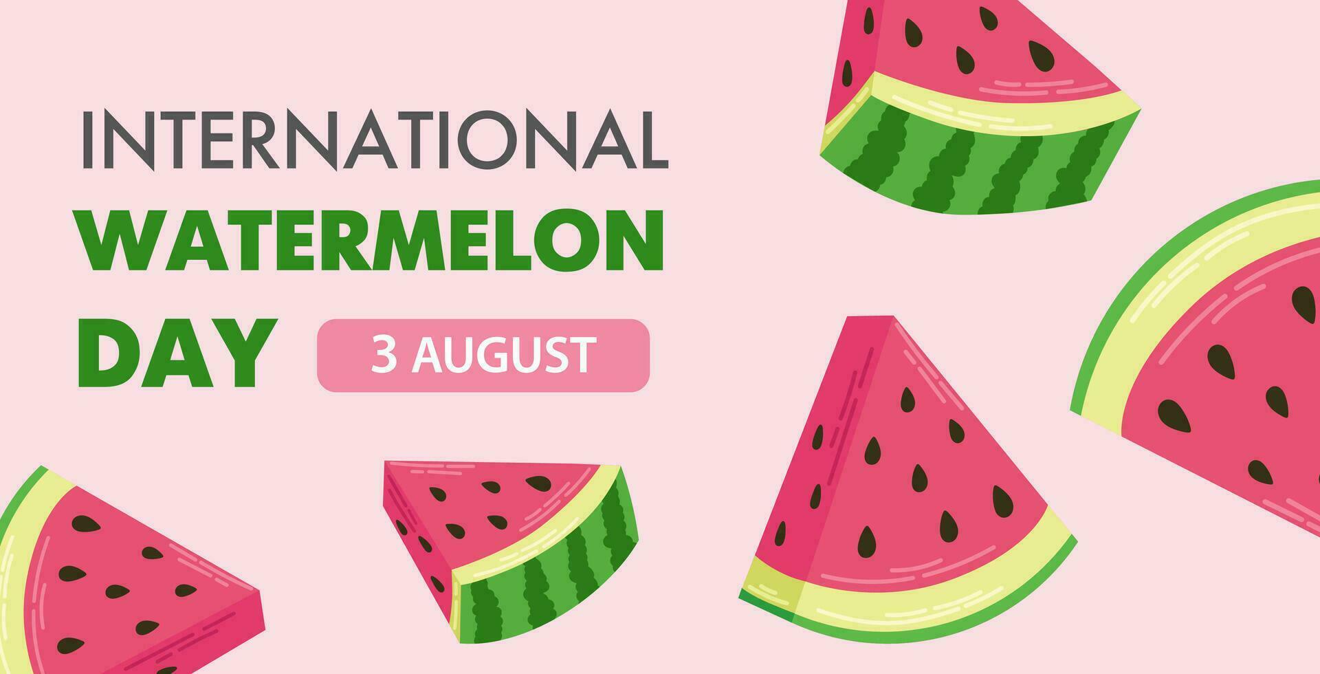 Banner for International Watermelon Day, August 3. Colorful pink summer background with watermelon slices. Vector flat illustration.