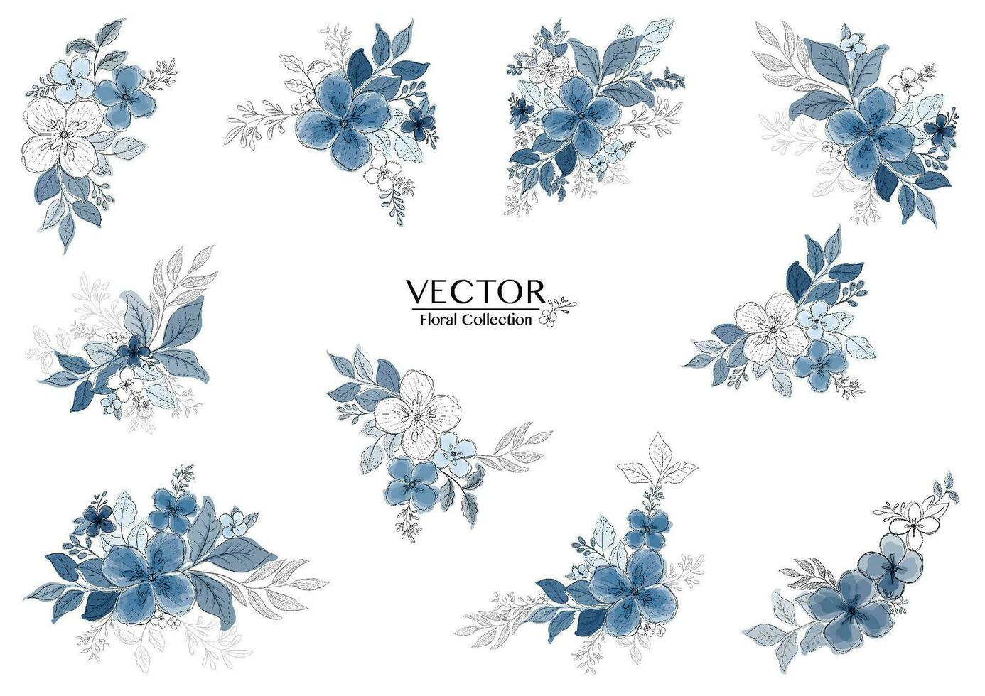 Set of beautiful blue watercolor florals branch vector