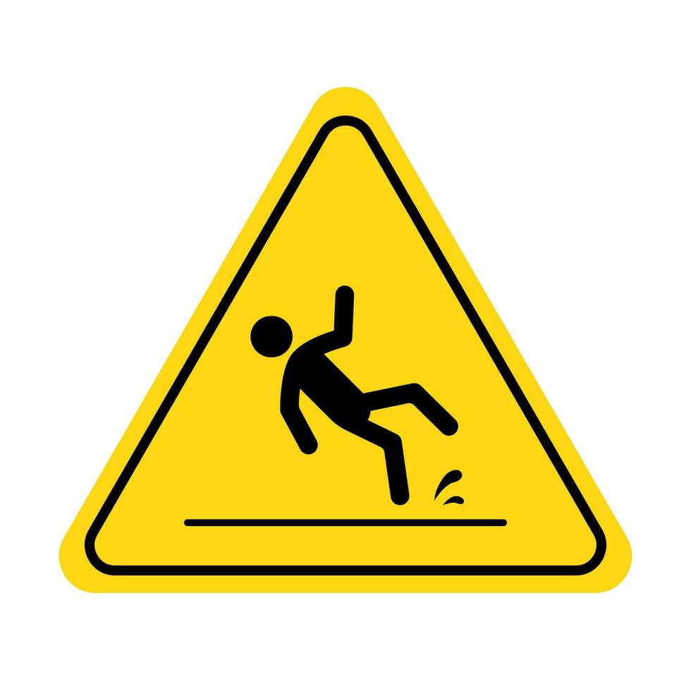 mojado piso icono. resbaladizo piso precaución firmar con otoño pictograma hombre. advertencia, peligro, amarillo triángulo signo. vector