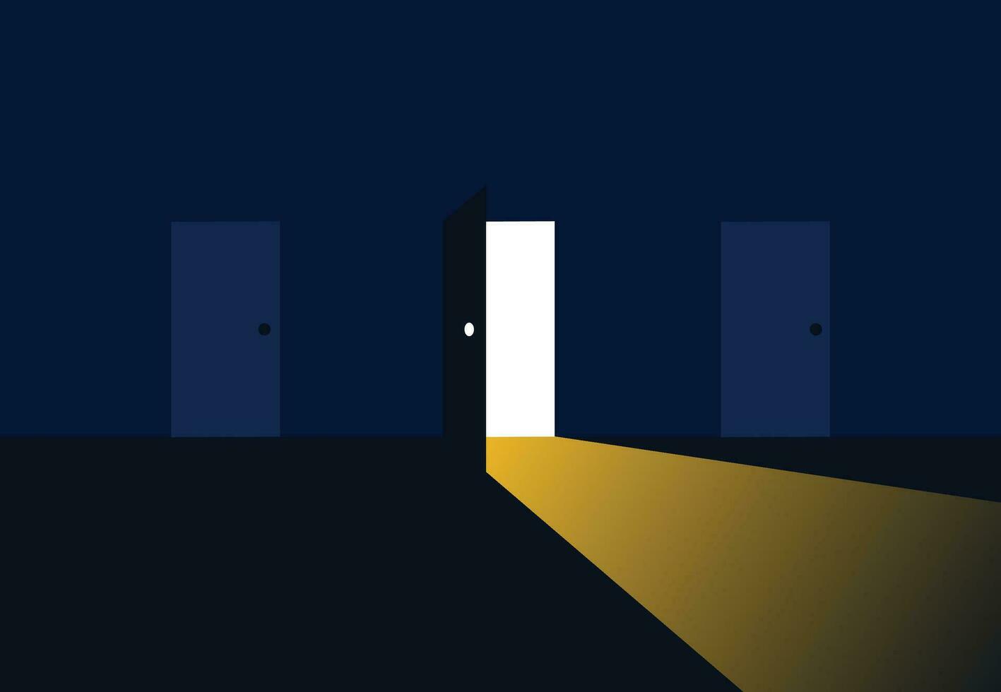 The open door out of the darkness to the light. Hope Concept. New Possibilities. Vector illustration