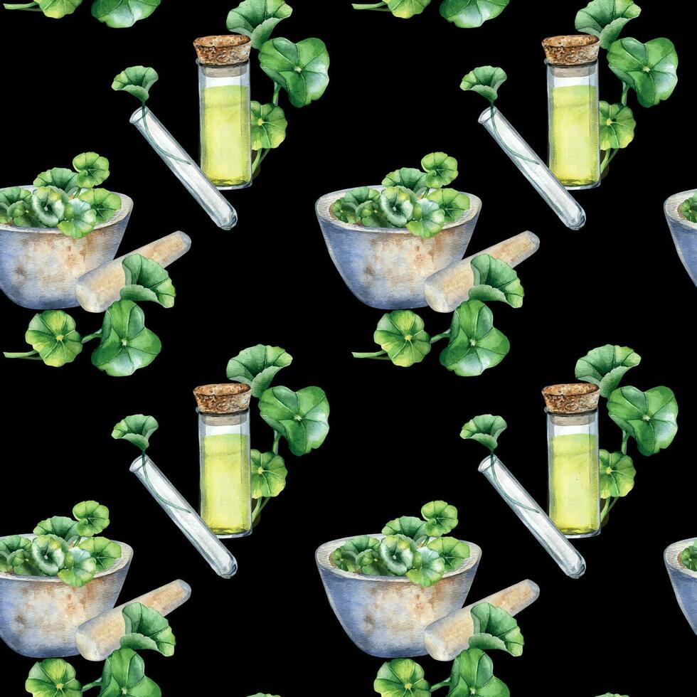 Centella asiatica, essential oils, stone bowl watercolor seamless pattern isolated on black. Mortar, glass flask, test tube, gotu kola hand drawn. Design for package, label, wrapping, background vector