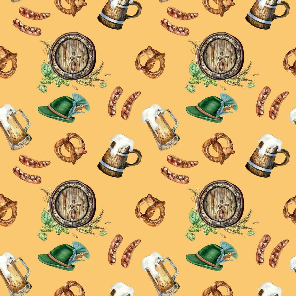 Wooden beer barrel and mug, german hat watercolor seamless pattern isolated on beige. Hop, wheat ear, pretzel, sausages hand drawn. Design for brewing, wrapping, label, packaging, paper, background vector