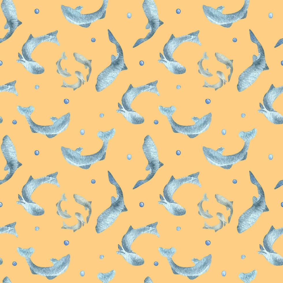 Fish silhouettes salmon, trout watercolor seamless pattern isolated on orange background. Swimming wild blue fish hand drawn. Design element for package, label, textile, wrapping, background, print vector