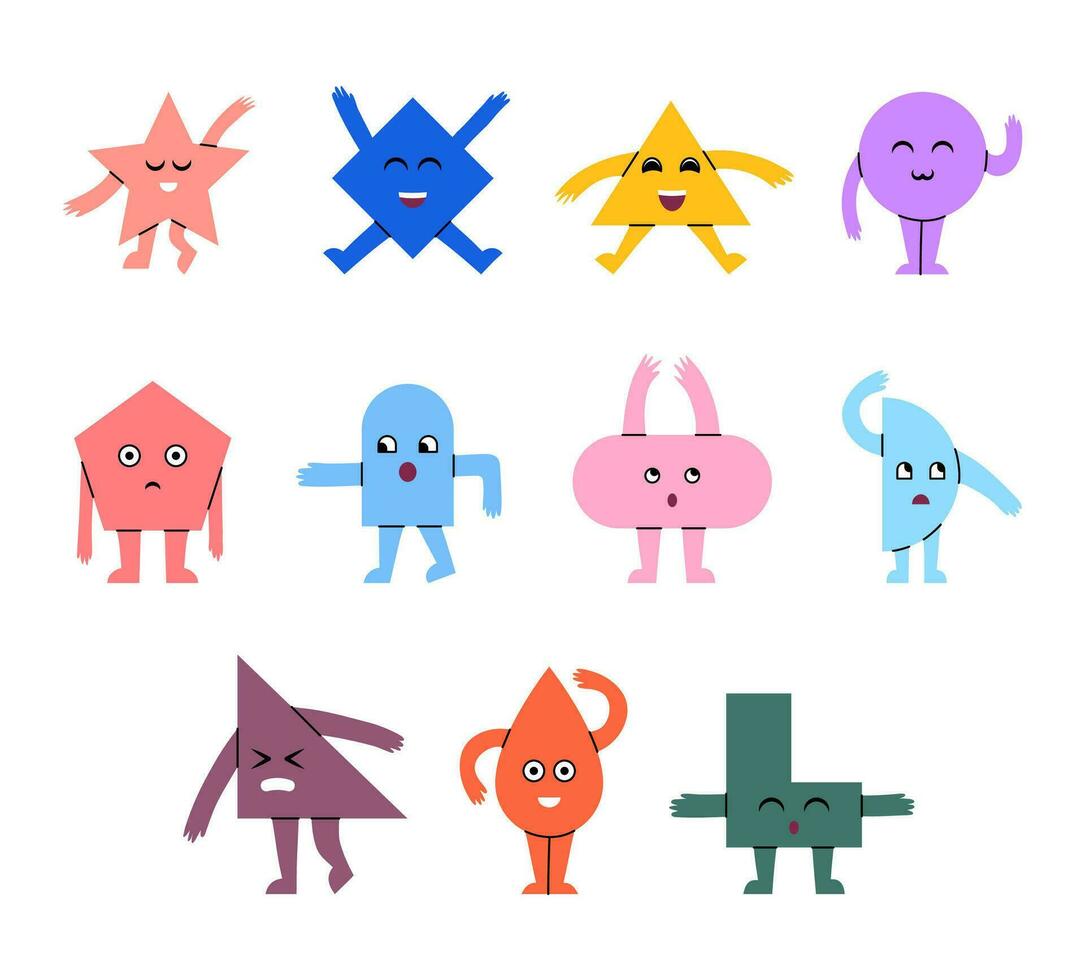 dibujos animados color personaje geométrico cómic criatura icono colocar. vector