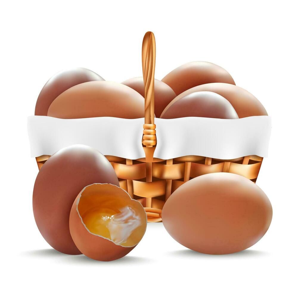 realista detallado 3d pollo huevos en cesta. vector