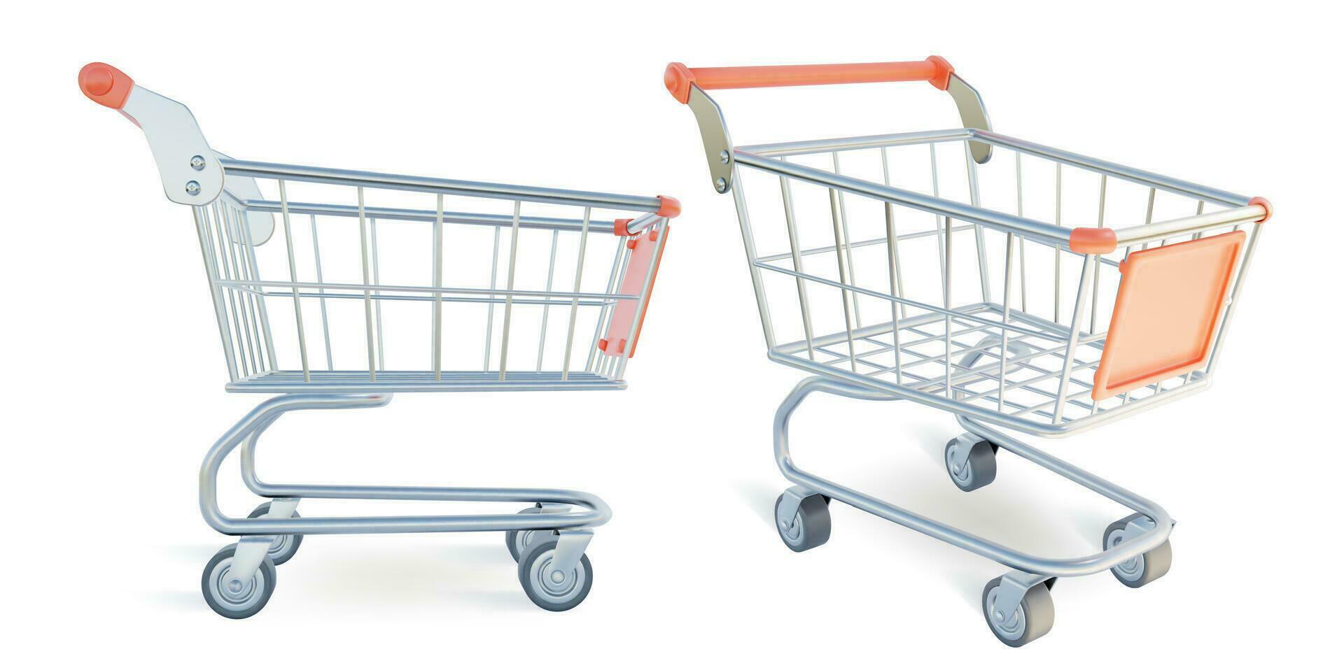 3d Different Metal Shopping Carts Set Plasticine Cartoon Style. Vector