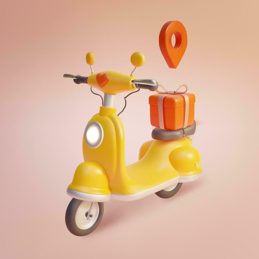3d amarillo scooter y entrega paquetes arcilla de moldear dibujos animados estilo. vector
