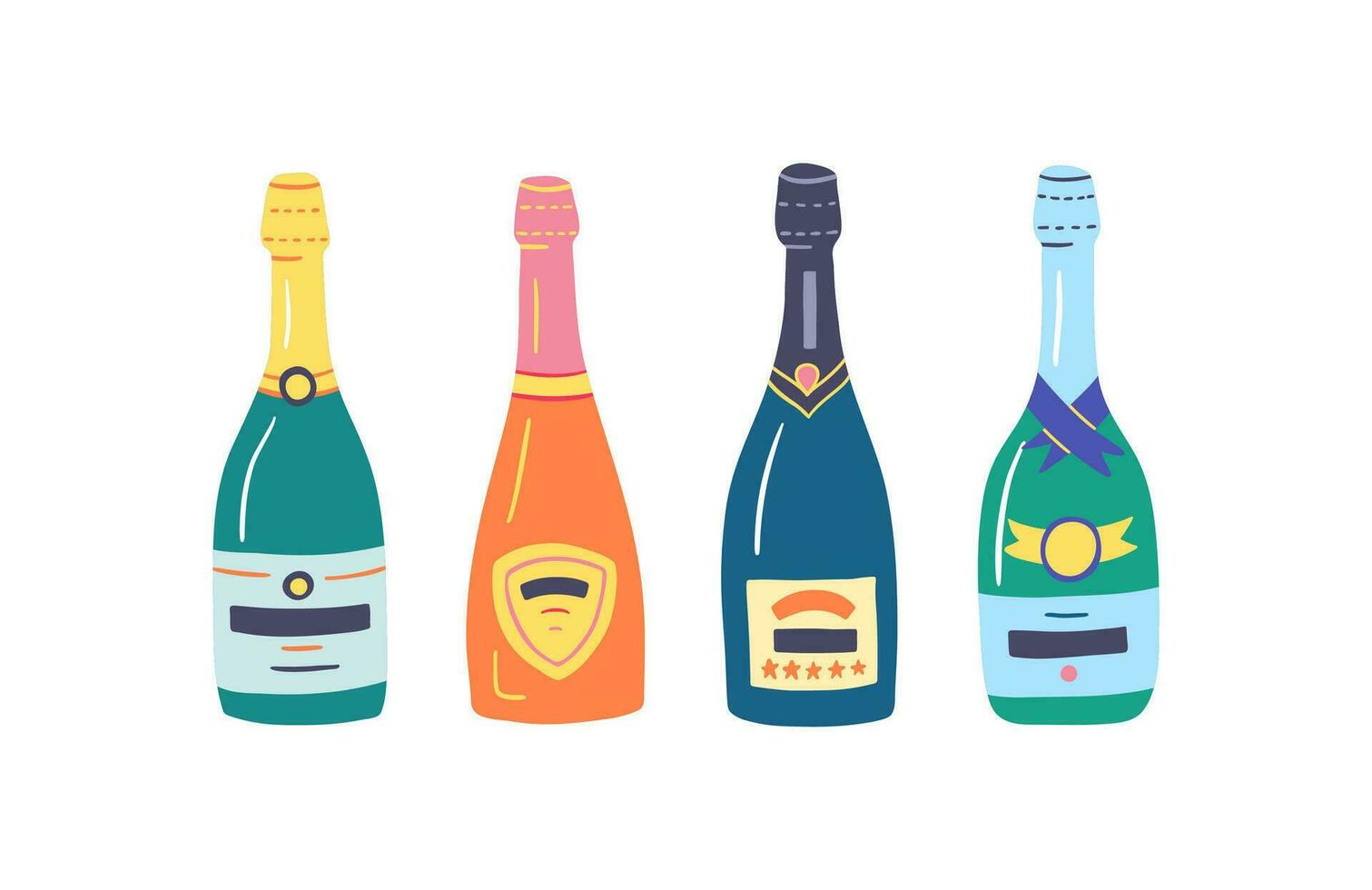 Cartoon Color Various Bottles Champagne Icon Set. Vector