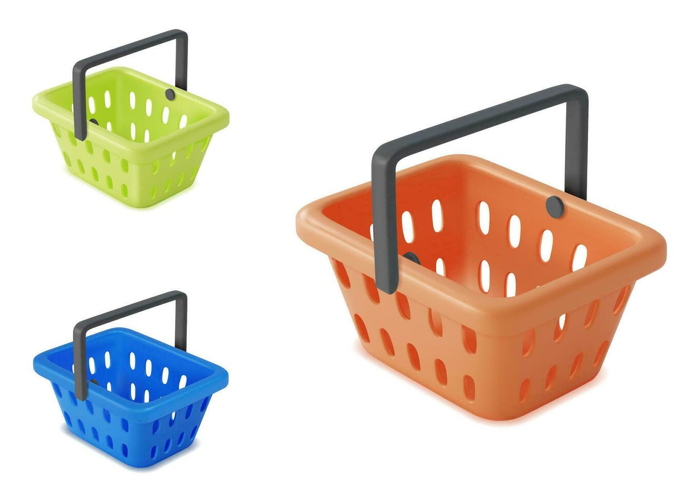 3d Different Colorful Shopping Basket Set Plasticine Cartoon Style. Vector