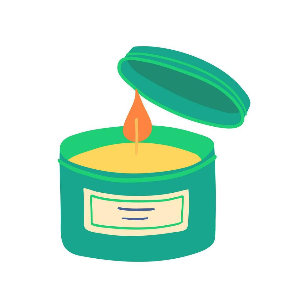 Cartoon Color Aromatherapy Concept Scented Wax Candle in a Glass Jar with Cap. Vector