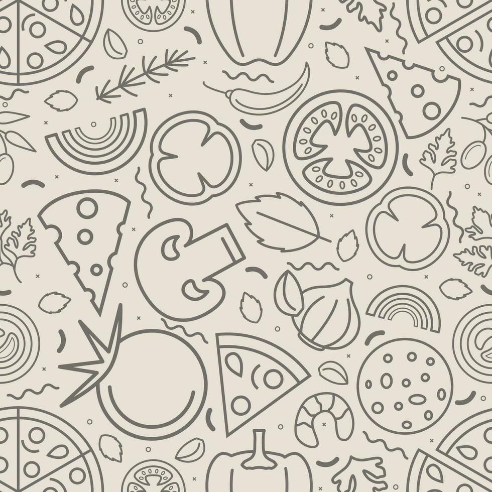 Ingredients Pizza Thin Line Seamless Pattern Background. Vector