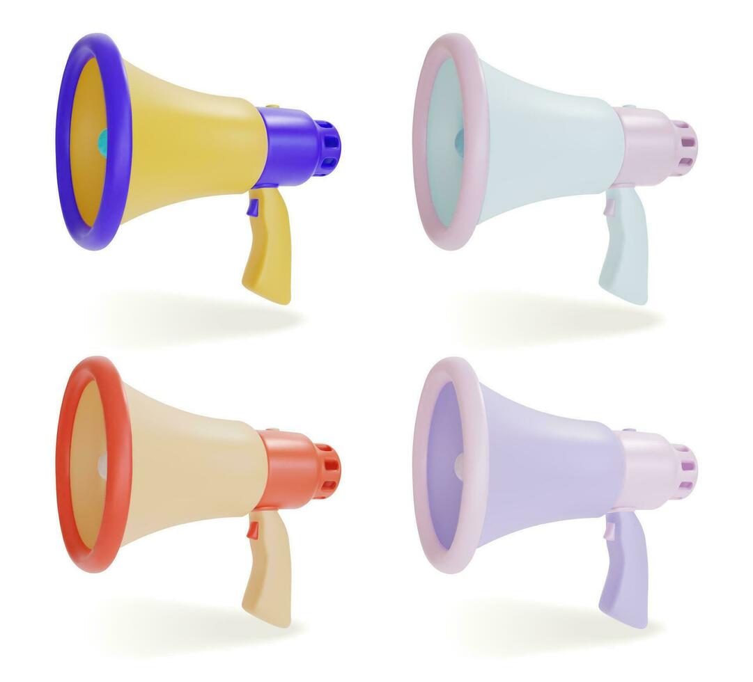 3d Different Megaphones Icons Set Plasticine Cartoon Style. Vector