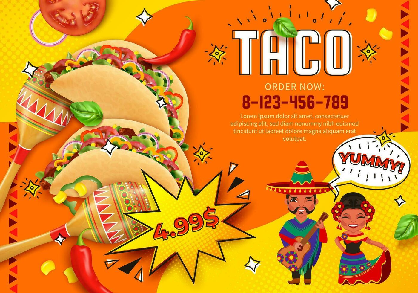 Realistic Detailed 3d Taco Mexican Food Ads Banner Concept Poster Card. Vector