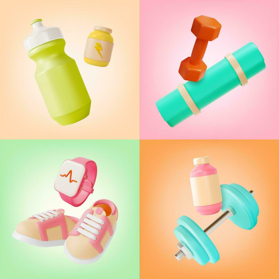 3d Health and Fitness Concept Cartoon Style Banner Poster Card Set. Vector