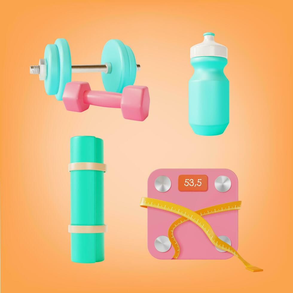 3d Health and Fitness Concept Cartoon Style. Vector