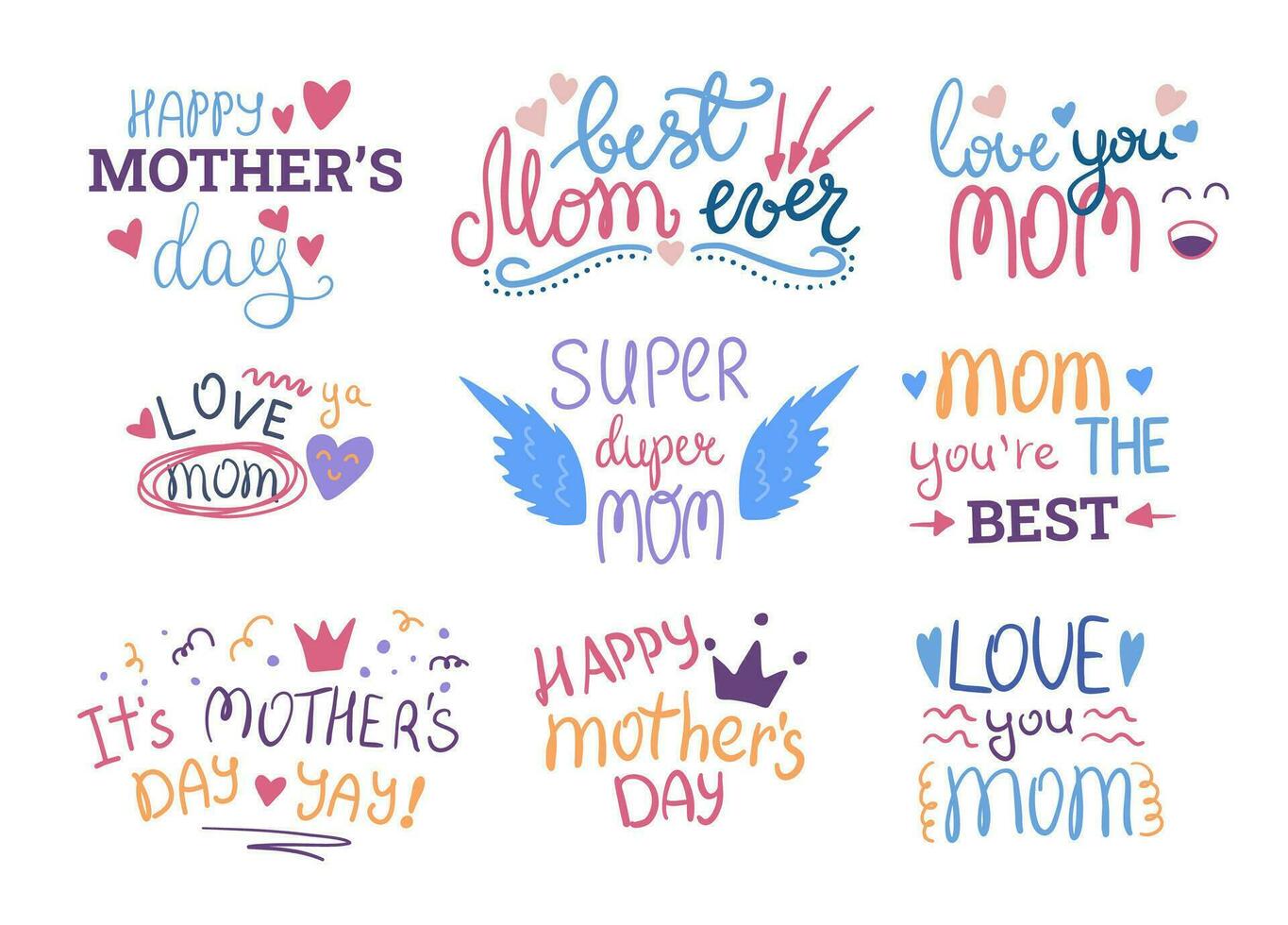 Cartoon Color Happy Mother Day Concept Set. Vector