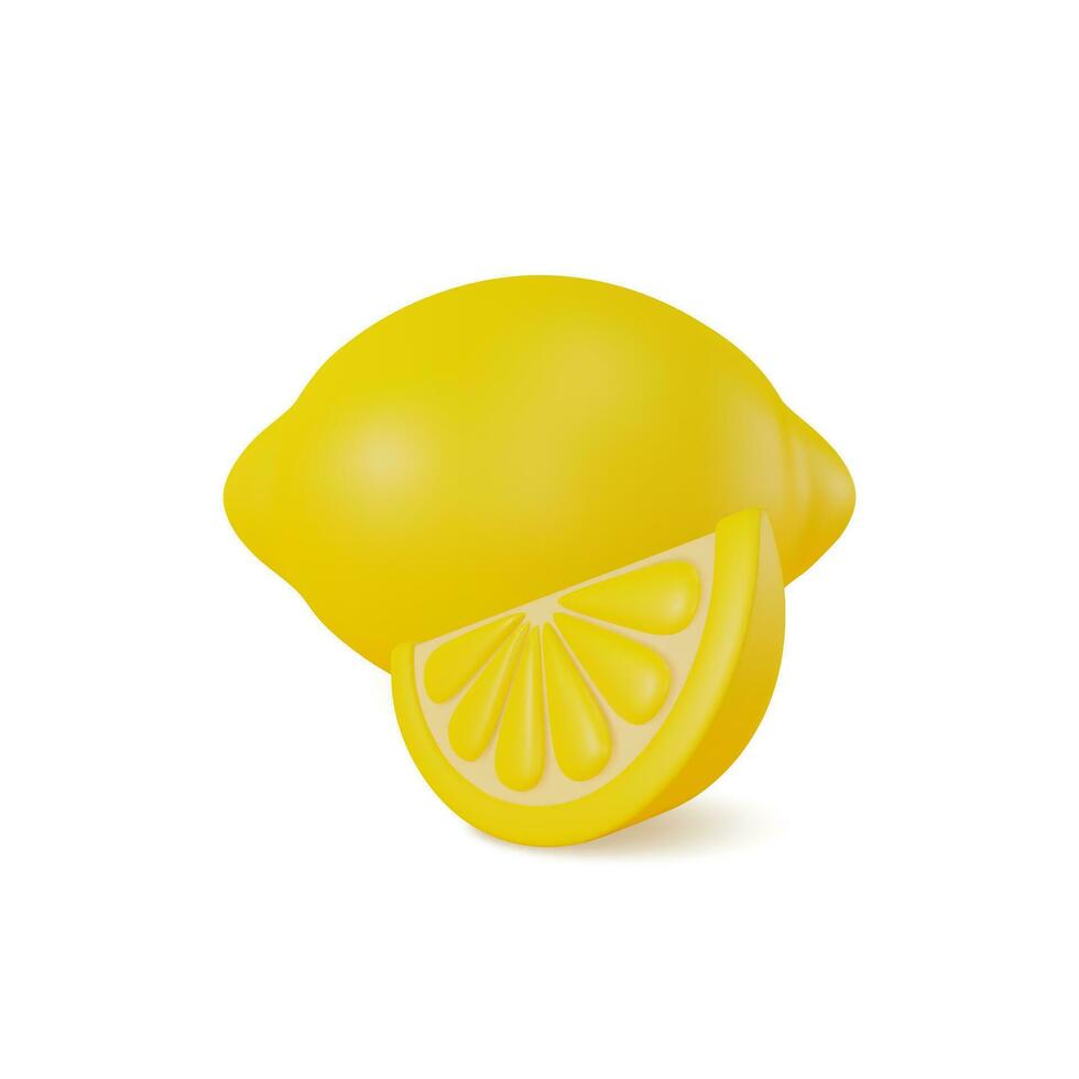 3d Fresh Fruit Whole Yellow Lemon and Slices Concept Cartoon Style. Vector